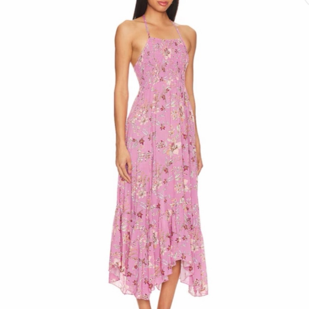 Free People Smocked Halter Pink Floral Dress